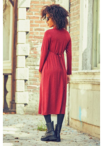 Ön Roba Detaylı Bağcıklı V Yaka Kışlık Elbise fırsatları