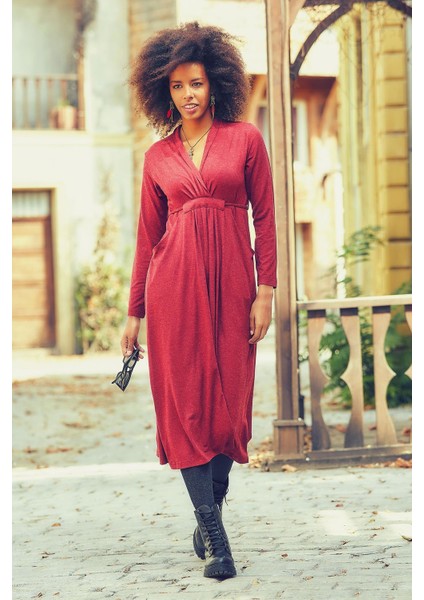 Ön Roba Detaylı Bağcıklı V Yaka Kışlık Elbise modelleri