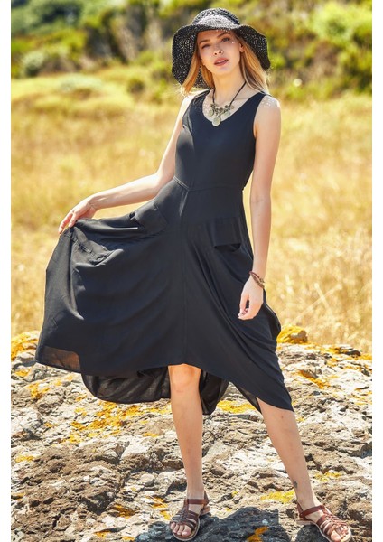 Asimetrik Etek Ucu Kayık Yaka Cepli Elbise fiyatları