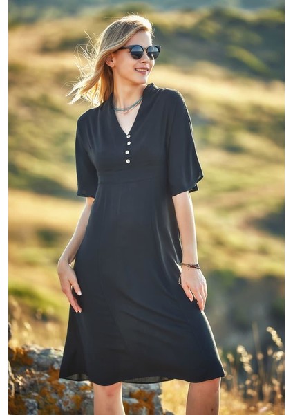 Dik V Yaka Düğmeli Gizli Fermuarlı Elbise modelleri