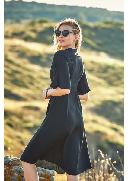 Dik V Yaka Düğmeli Gizli Fermuarlı Elbise fırsatları