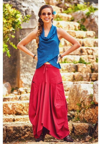 Etnik Beli Bağcıklı Cepli Uzun Salaş Etek