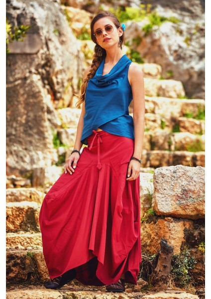 Etnik Beli Bağcıklı Cepli Uzun Salaş Etek modelleri