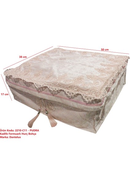 Fransız Dantelli Kadife Fermuarlı Hurç Bohça 2223-C11-BOY2 Pembe