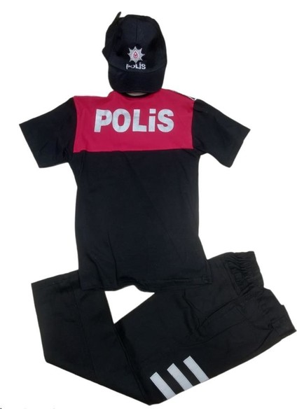Çocuk Polis Kostüm Yunus Polis Kıyafeti Tişortlü 3-10 Yaş Çocuk Kostüm Krmz