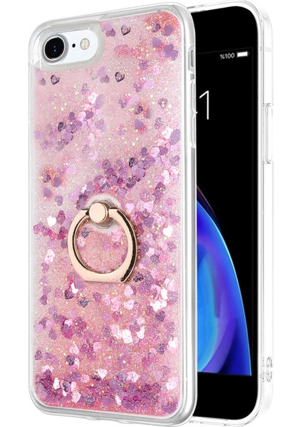 Apple iPhone 8 Kılıf Yüzüklü Standlı Korumalı Şeffaf Simli Pullu Pembe