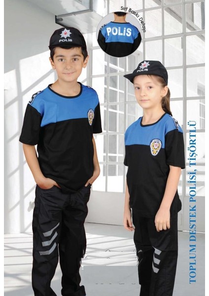 Çocuk Polis Kostüm Polis Kıyafeti Tişortlü 3-10 Yaş Çocuk Kostüm Mavi