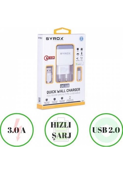 3.0A Hızlı Şarj Aleti Cihazı Adaptörü Syrox Q32 Type-C Girişli (Adaptör+Kablo) Beyaz