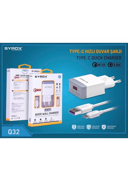 3.0A Hızlı Şarj Aleti Cihazı Adaptörü Syrox Q32 Type-C Girişli (Adaptör+Kablo) Beyaz