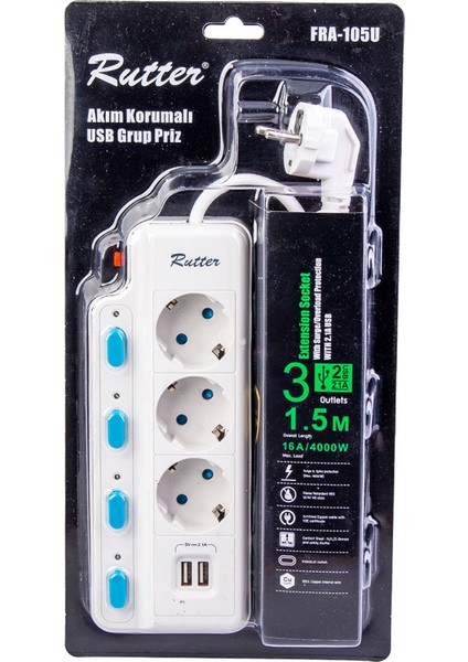 Akım Korumalı 3'lü Priz Çift USB 5 Anahtarlı 1.5mt FRA-105U
