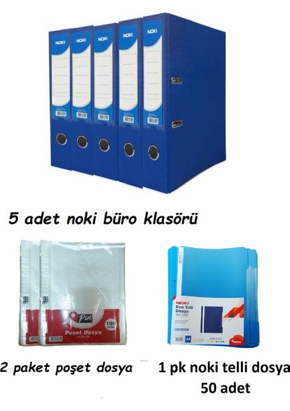 Mavi Geniş Klasör Plastik 5 Adet 1 Paket Telli Dosya ve Poşet Dosya 2 Paket