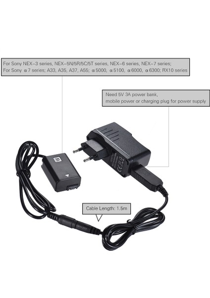 NP-FW50 Kukla Pil + 5V 3A USB Güç Adaptörü Kablosu Eu Plug