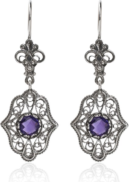 925 Ayar Gümüş El Tasarımı Telkari Sanatı Doğal Ametist Taşlı Kadın Küpe