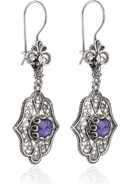 925 Ayar Gümüş El Tasarımı Telkari Sanatı Doğal Ametist Taşlı Kadın Küpe fiyatları