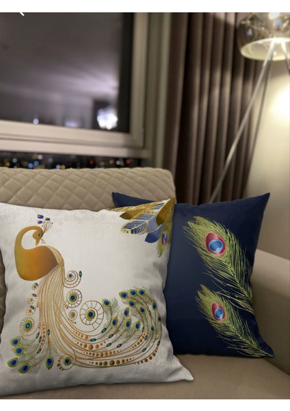 Tavus Kuşu Desenli 2'li Dekoratif Kadife Kumaş Kırlent Kılıf - Çift Taraflı Baskı fiyatları