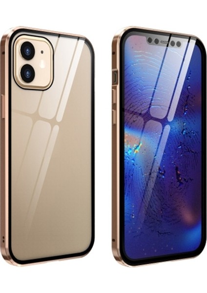 Apple iPhone 12 Mıknatıslı 360 Derece Ön ve Arka Cam Full Korumalı Manyetik Kılıf AL-33926 Gold