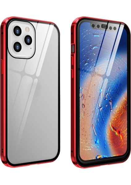 Apple iPhone 12 Pro Mıknatıslı 360 Derece Ön ve Arka Cam Full Korumalı Manyetik Kılıf AL-33927 Kırmızı