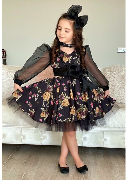 Kız Çocuk Black Flowers Tütülü Elbise