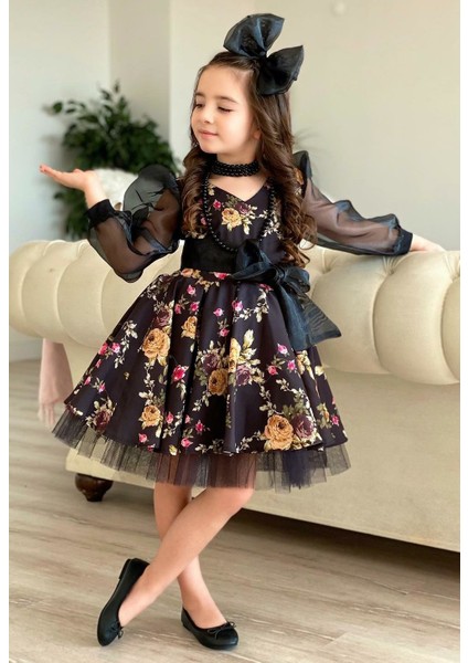 Kız Çocuk Black Flowers Tütülü Elbise modelleri