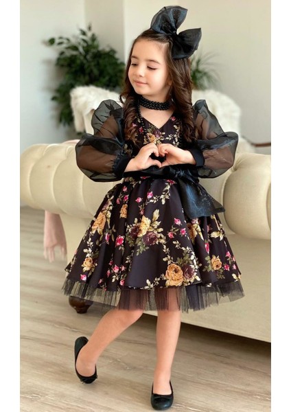 Kız Çocuk Black Flowers Tütülü Elbise fırsatları