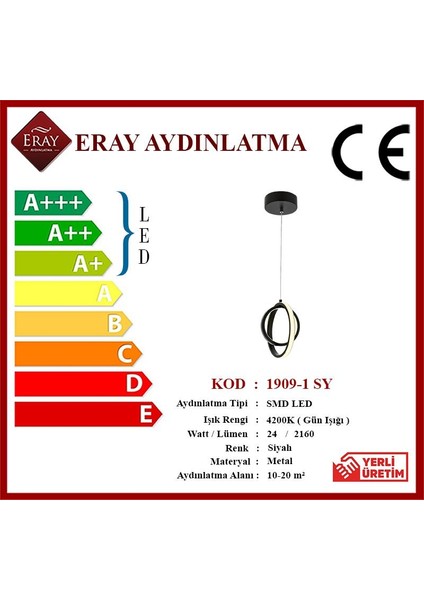 1909 1 Siyah Tekli Led Avize