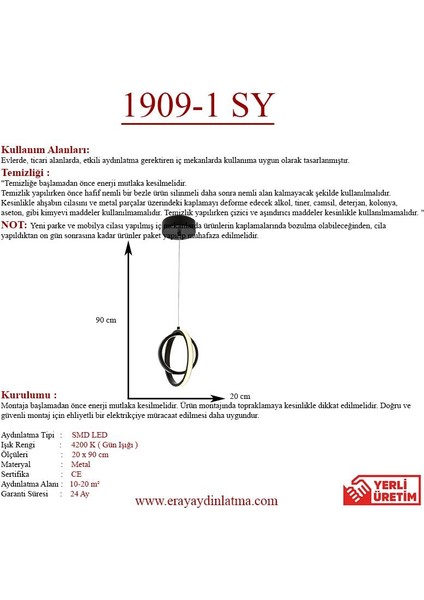 1909 1 Siyah Tekli Led Avize