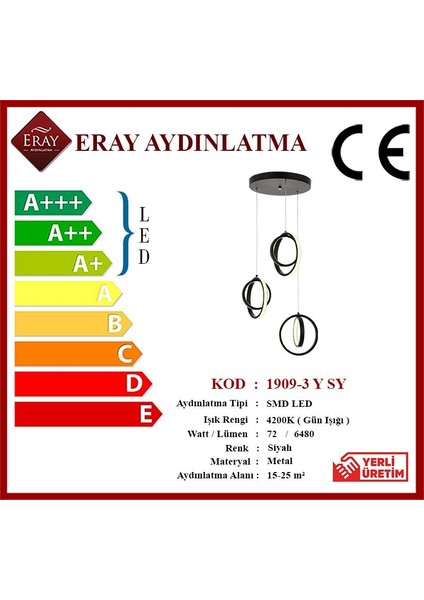 Eray Aydınlatma 1909 3 Siyah 3'lü Led Avize