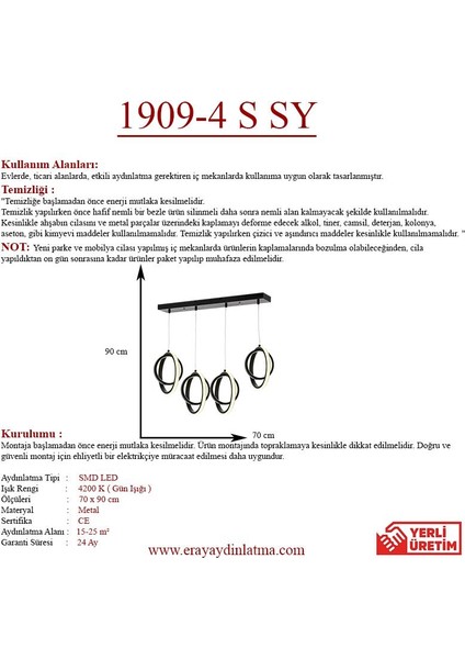 1909 4 Siyah Sıralı 4'lü Led Avize