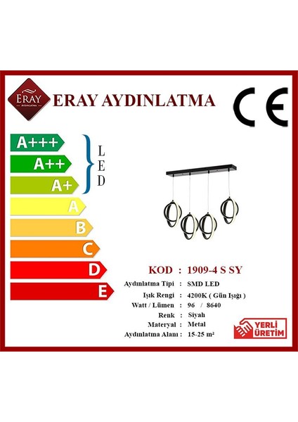 1909 4 Siyah Sıralı 4'lü Led Avize