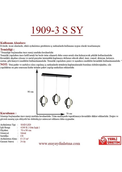 1909 3 Siyah Sıralı 3'lü Led Avize