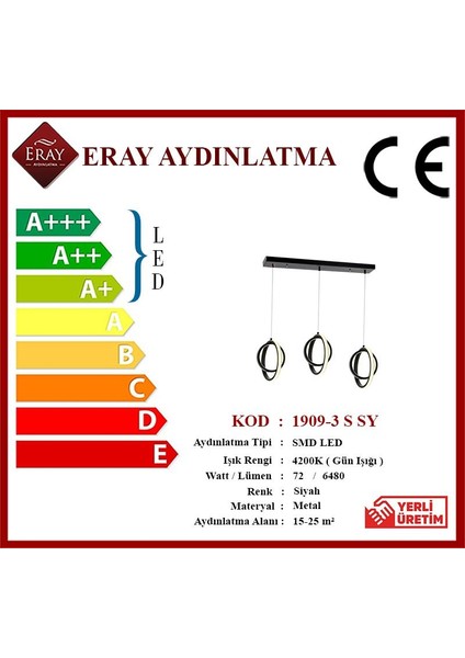 1909 3 Siyah Sıralı 3'lü Led Avize