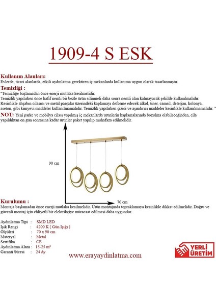 1909 4 Eskitme Sıralı 4'lü Led Avize