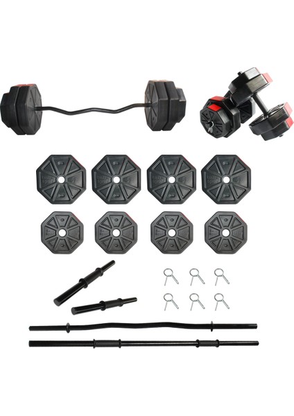 Tan Spor 30 kg Dambıl-Dumbell-Ağırlık-Halter–full Kısa Bar + Düz Bar + Z Bar Seti