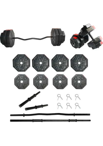 Tan Spor 30 kg Dambıl-Dumbell-Ağırlık-Halter–full  Kısa  Bar + Düz Bar + Z Bar Seti