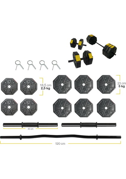 Tan Spor 40 kg Dambıl-Dumbell-Ağırlık-Halter–full Kısa Bar + Düz Bar +Z Bar Seti