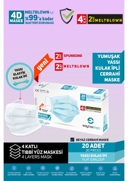 Çift Kat Meltblown / Iki Maske Gücünde 4 Katlı Beyaz Maske (20 Adet/1 Kutu)