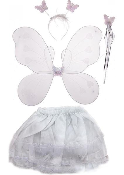 Beyaz Renk Etekli Kelebek Kanat Taç Asa Kostüm Seti