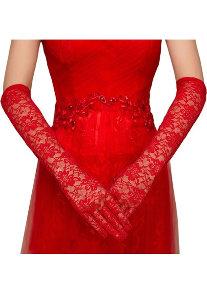 Kırmızı Renk Uzun Boy Dantelli Eldiven