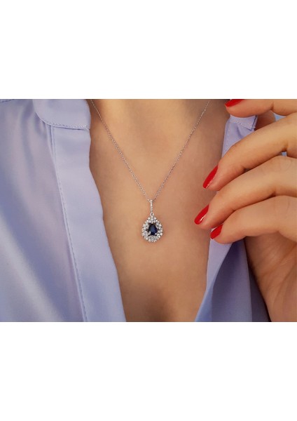 Pırlanta ve Damla Safir Taşlı Anturaj Kolye 0423P0027