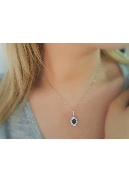 Çift Sıra Pırlanta ve Oval Safir Taşlı Anturaj Kolye 0423P0028
