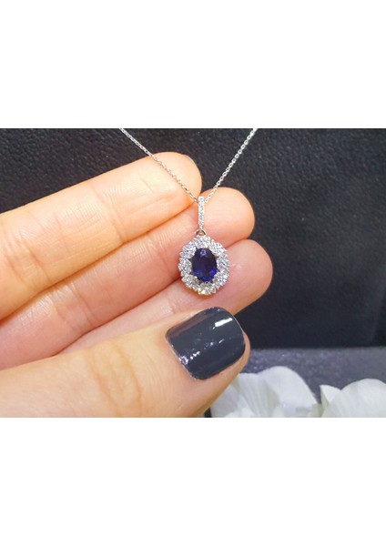 Çift Sıra Pırlanta ve Oval Safir Taşlı Anturaj Kolye 0423P0028