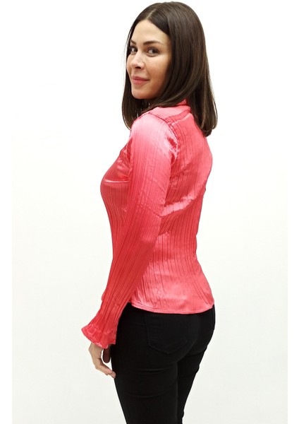 Kadın Nar Çiçeği Saten Piliseli Gömlek modelleri