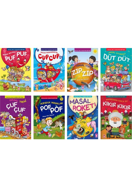 Timaş Masallarla Karakter Eğitimi Değer Eğitimi Seti 8 Kitap Ciltli ( Puf Puf-Cup Cup-Zıp Zıp-Çuf Çuf-Pof Pof-Düt Düt-Masal Roketi-Kıkır Kıkır)