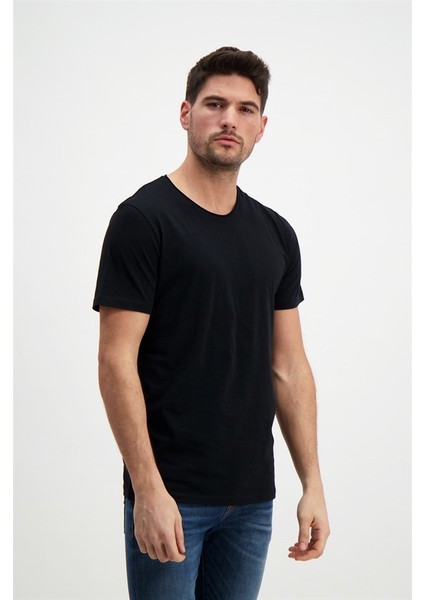 Erkek Siyah Yıkamalı Basic T-Shirt