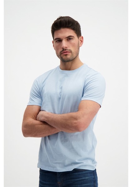 Erkek Mavi Bisiklet Yaka Basic T-Shirt