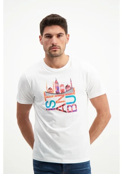 Erkek Istanbul Baskılı Beyaz Bisiklet Yaka T-Shirt