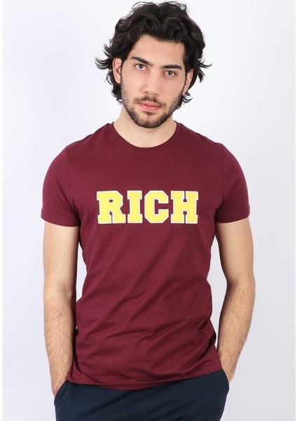 Erkek Nakış Baskılı Bordo Bisiklet Yaka T-Shirt