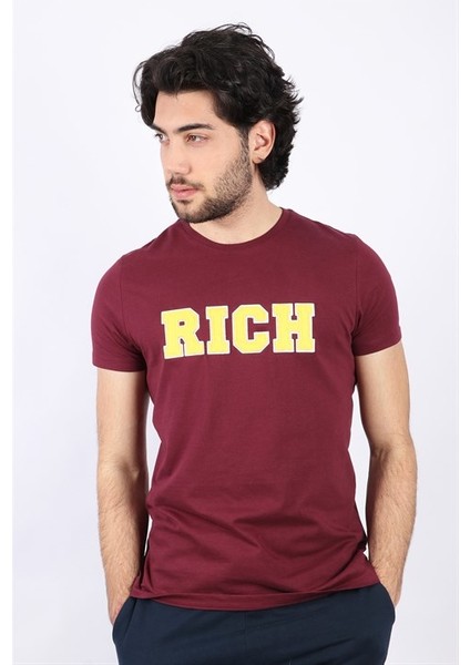Erkek Nakış Baskılı Bordo Bisiklet Yaka T-Shirt