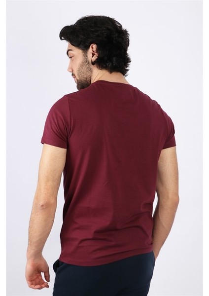 Erkek Nakış Baskılı Bordo Bisiklet Yaka T-Shirt