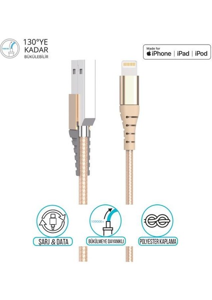 BX-IP01C Güçlendirimiş Apple Lightning Şarj ve Data Kablosu Gold 1 Metre